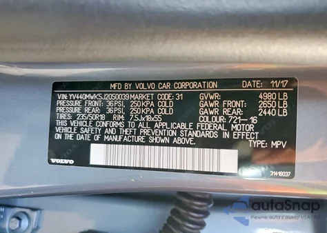 2018 Volvo V60 Cross Country Premier из США, поврежденный, VIN YV440MWK5J2050039